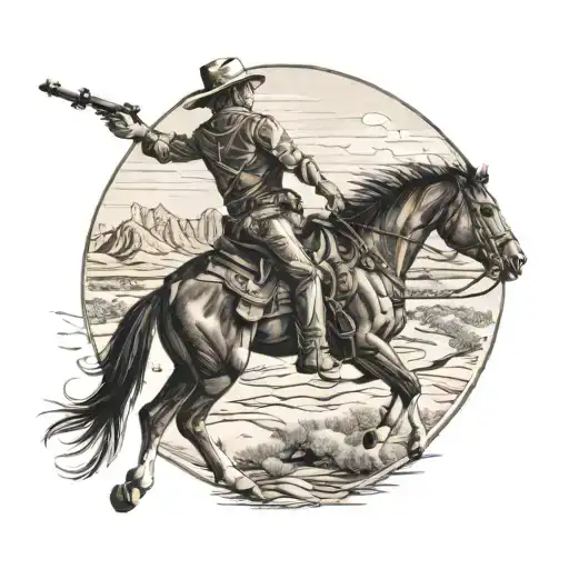 A Cowboy Playing A Guitar While Riding A Horse Through A Desert Landscape