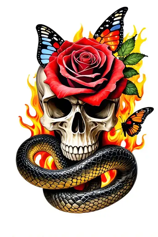 Skull Red Rose Snake Butterfly Fire