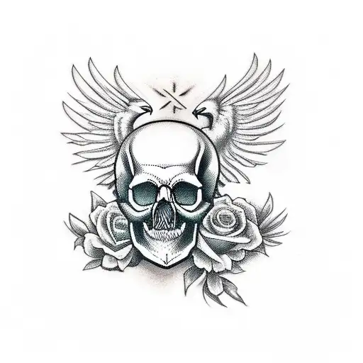 Skull With A Cross On The Side And A Bird In The Background