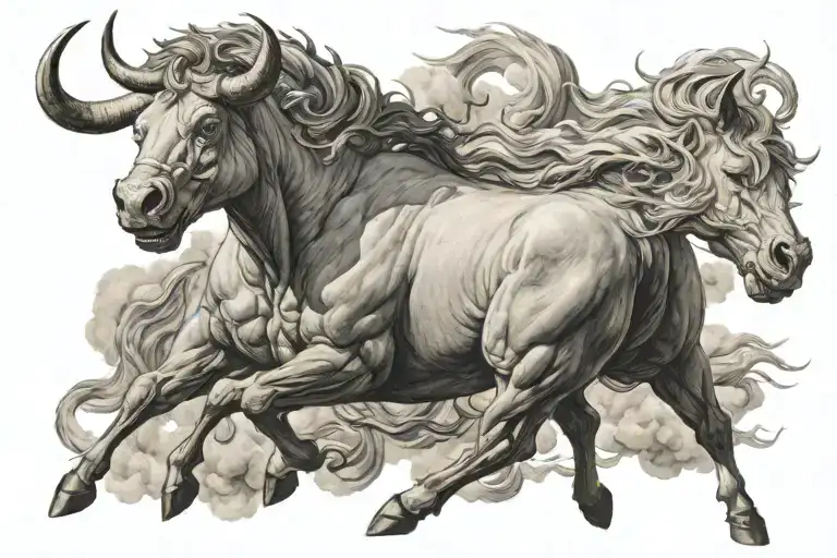 Bull And Unicorn Charging Towards Each Other