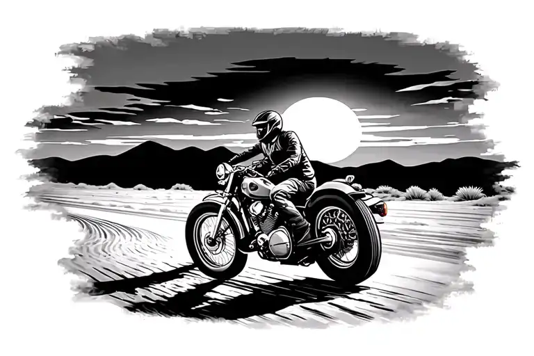 A Black And White Tattoo Of A Motorcyclist Riding A Chopper Into The Sunset On An Empty Desert Road