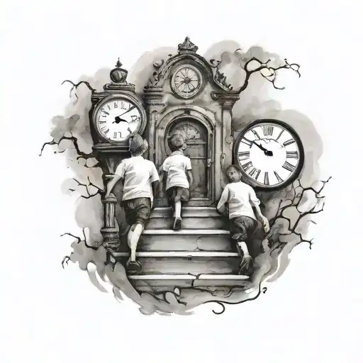 Three Children Walking Upstairs With Clock