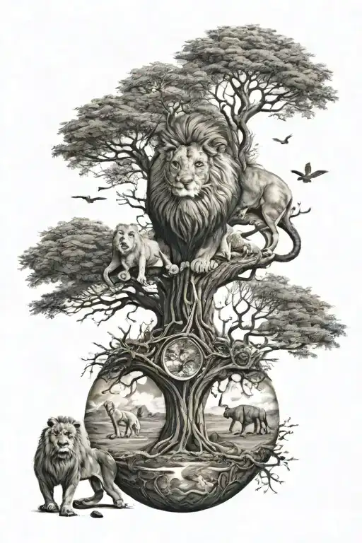 World Glob Sitting On The Tree Of Life With A Lion Tribe Under The Glob
