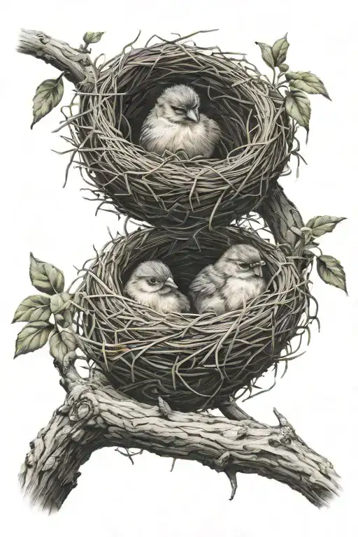 Bird And Nest Protecting 2 Baby Birds Perched