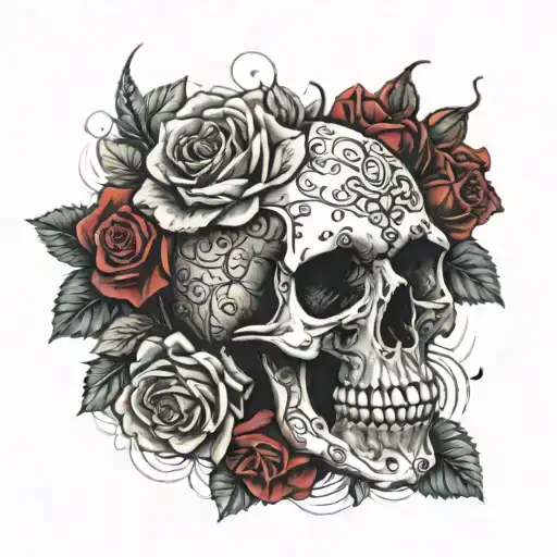 Create A Skull Surrounded By Red Roses In A Dotwork Style