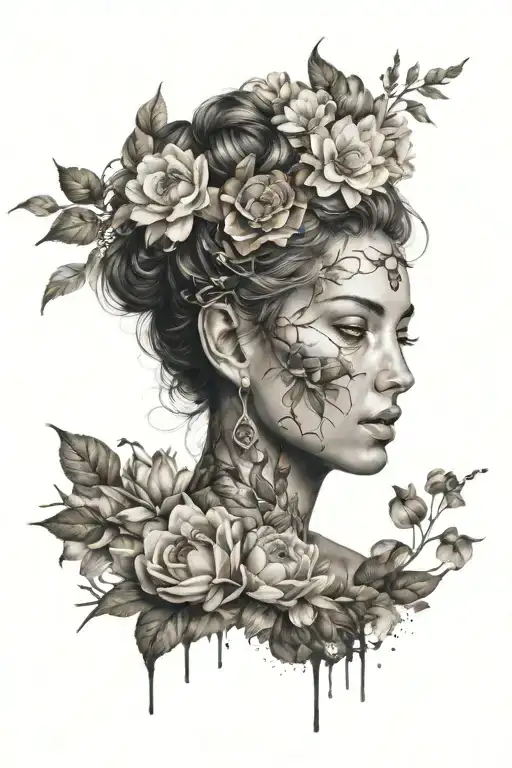 Goddess Portrait Disintegrating Away But Blooming Flower Out Of The Head