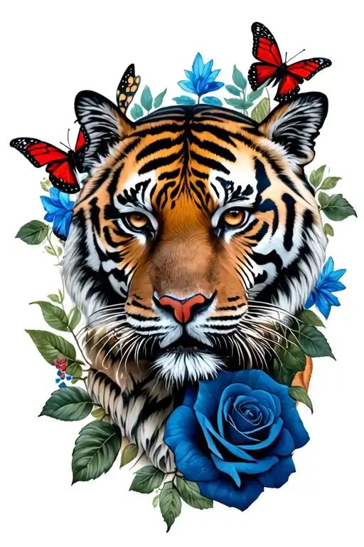 Forearm Sleeve Tattoo With Tiger And Blue Roses And Butterflies With Red Accents