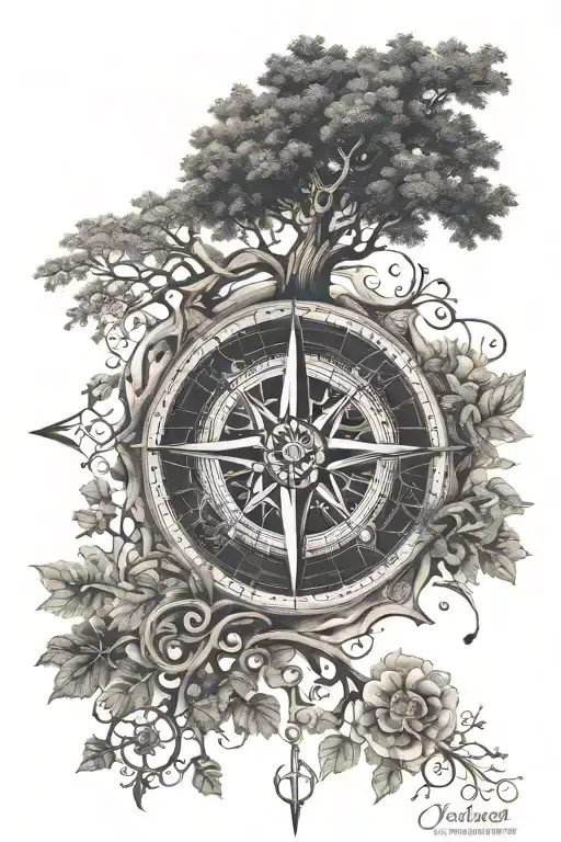 Compass Rose With Tree Of Life Overlaid Symbols For Family