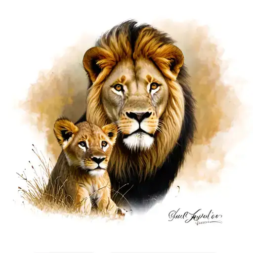 Lion And Lion Cub Savannah Landscape