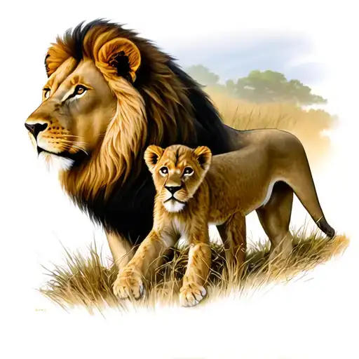 Lion And Lion Cub Savannah Landscape