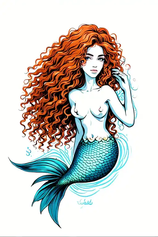 A Realistic Mermaid With Curly Red Hair And Minimalist Waves With Thin Blue Lines