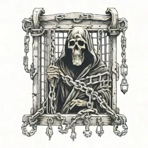 Grim Reaper Locked In Chains Behind Cage
