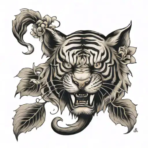 A Mystical Hanya Mask With A Japanese Lotus Flower And A Tiger In A Realism Style