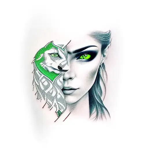 Arm Sleeve Of A Sexy Green Eye Woman With A Wolf