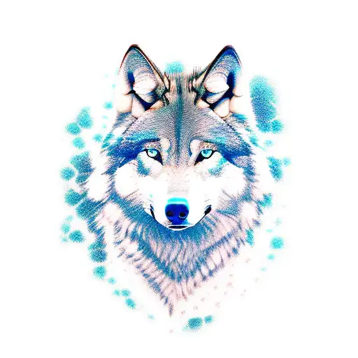 Half Face Female Wolf With Blue Eyes On Tribal Lines On Spine