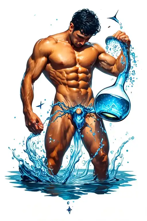 Aquarius Zodiac Sign For Leg With Constellation And Man With Muscle And Six Packs Pouring Jug Water