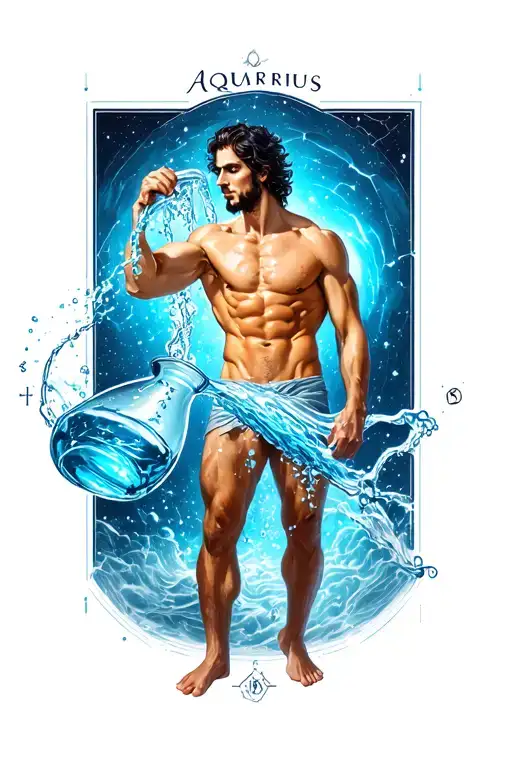 Aquarius Zodiac Sign For Leg With Constellation And Man With Muscle And Six Packs Pouring Jug Water