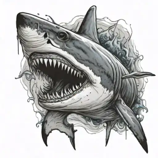 A Realistic Portrait Of A Shark Swimming In A Horror-themed Underwater Scene