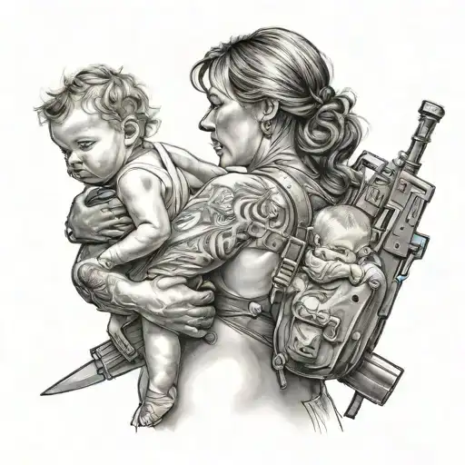 Mother Holding Her Baby With Weapons Through Her Back
