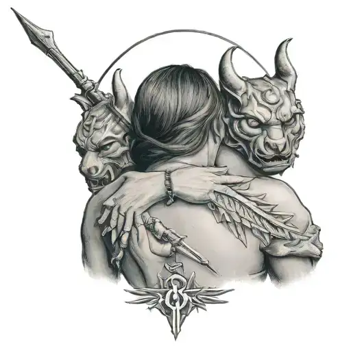 Mother Facing Us And Holding The Devils Baby With Spears And Arrows Piercing Her Back