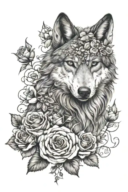 Feminine Wolf Blended By Roses And Mayflowers