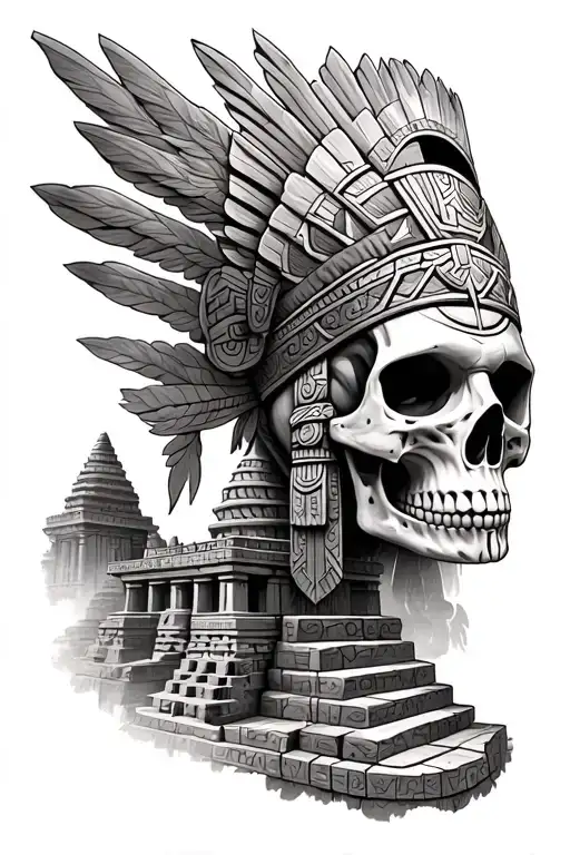 Aztec Skull And Temple Surrounded