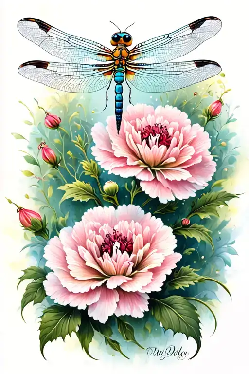 Dragonfly And Carnation Flowers
