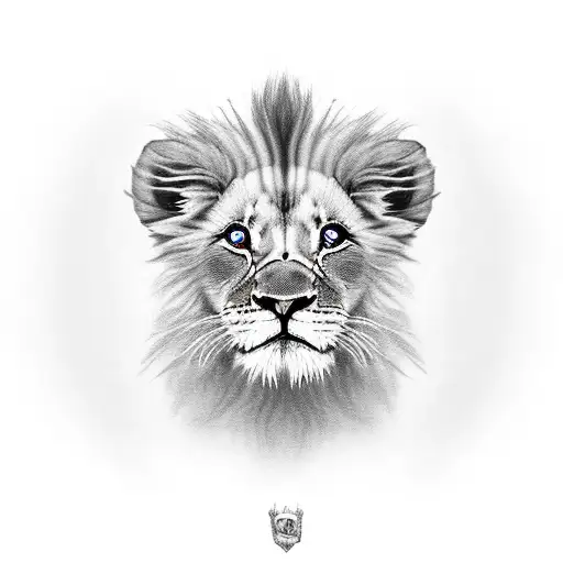 Black And Grey Lion Cub Wearing A Boy's Crown Blue Eyes