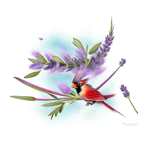 One Sprig Of Lavender Standing Straight Up With A Cardinal Perched On The Side