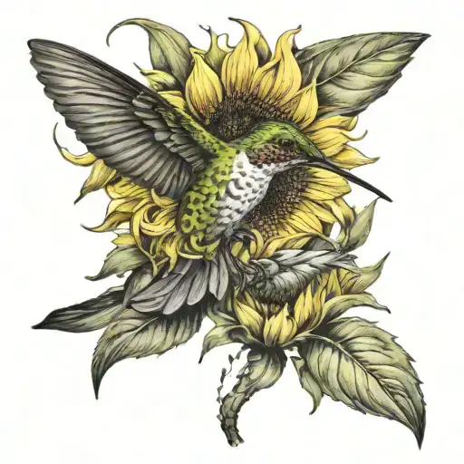 Yellow Sunflower With A Hummingbird Of Bright Colores Sucking Nectar