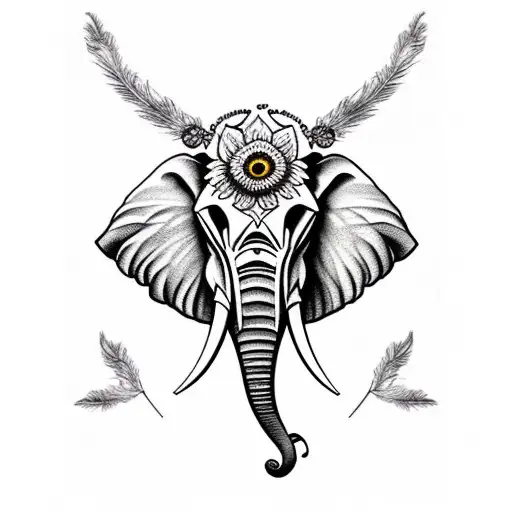 Elephant Skull With Feathers And Sunflowers