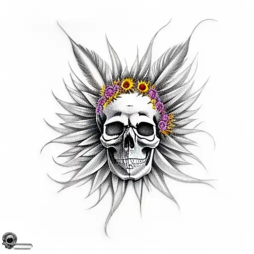 Skull With Feathers And Sunflowers