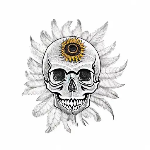 Skull With Feathers And Sunflowers