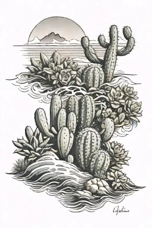 A Realistic Depiction Of A Cactus Garden With Ocean Waves Crashing In The Background