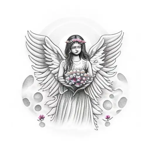 An Angel Sits On The Moon With Flowers In Her Hands