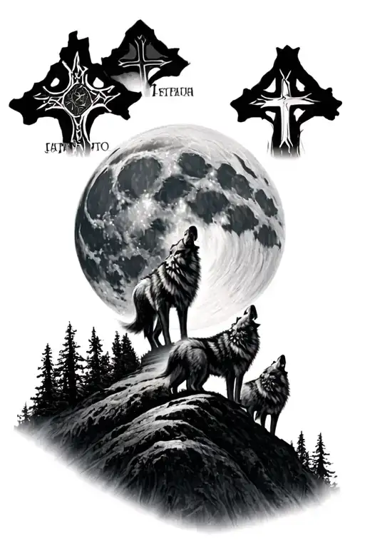 Wolves Howling At The Moon With Three Crosses On A Hill Or Montian Top