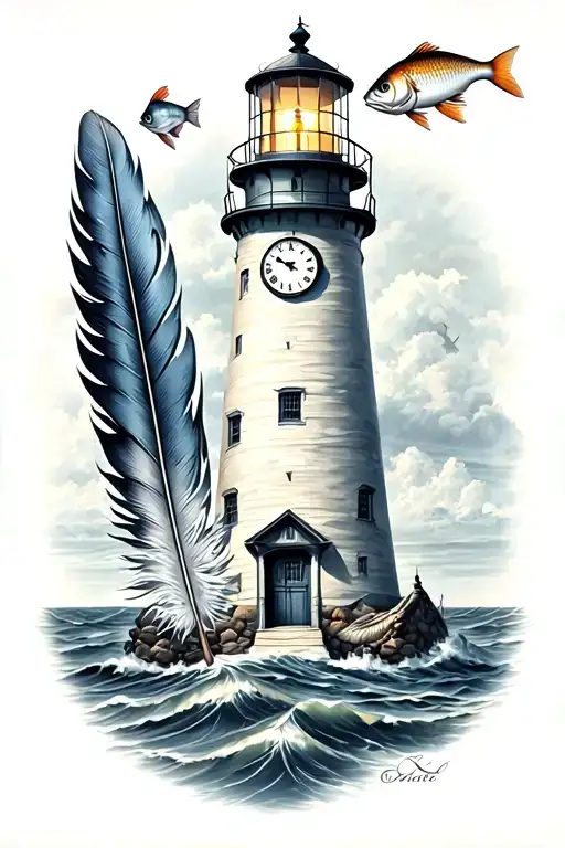 Lighthouse With Clock Indian Feather And Fish