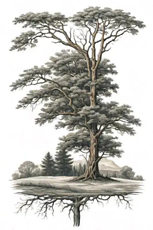 Tree With Field And Forest In The Background