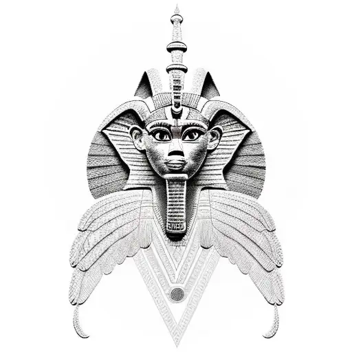 Half Egyptian Winged Sphinx And Half Aztec Winged Sphinx In Front Of Aztec And Egyptian Pyramids
