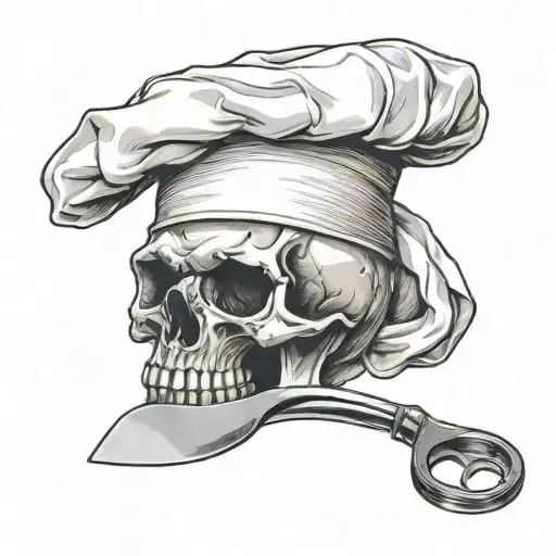 Create A Tattoo Of A Skull Wearing A Chef's Hat Holding A Pizza Cutter