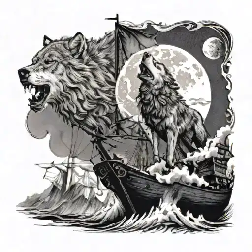 A Majestic Wolf Howling At The Moon While Standing On A Pirate Ship Sailing Through Stormy Seas