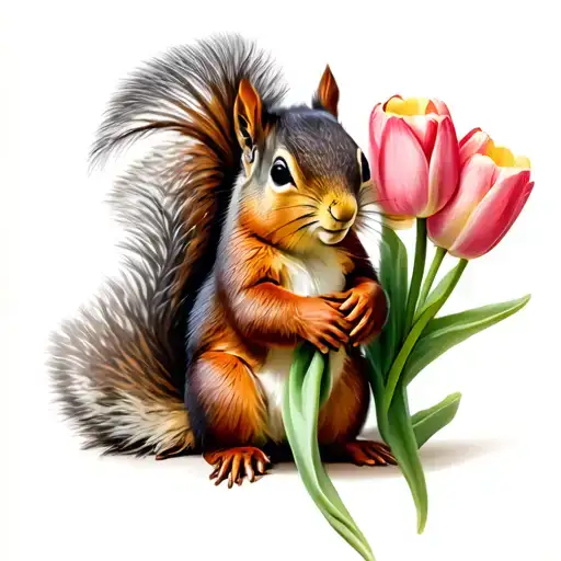 Female Squirrel Holding Tulips