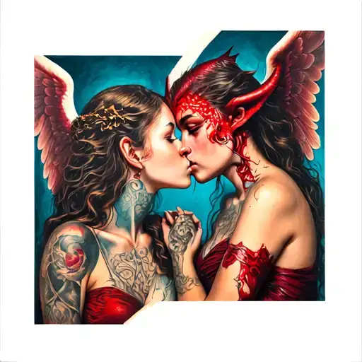 Angel Girl Kissing Demon Girl