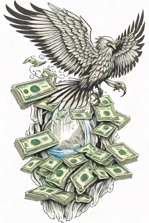 Pheonix Bird Over Waterfall With Sunny Skies With Money In The Water