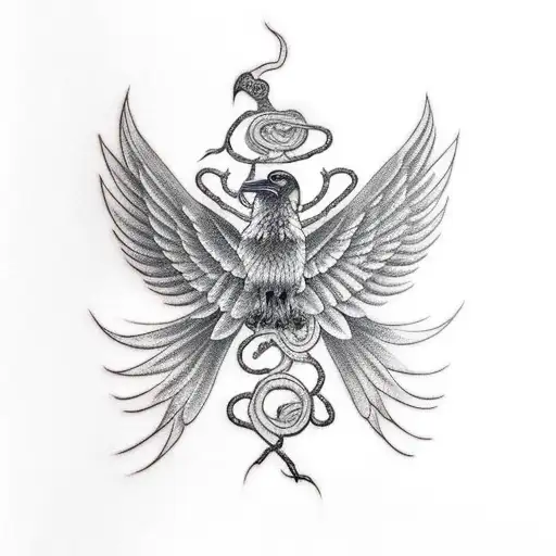 Budhist Raven With Spread Wings And A Snake In His Claws