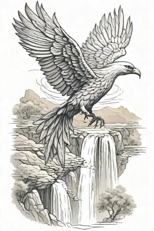 Pheonix Bird Over Waterfall With Sunny Skies