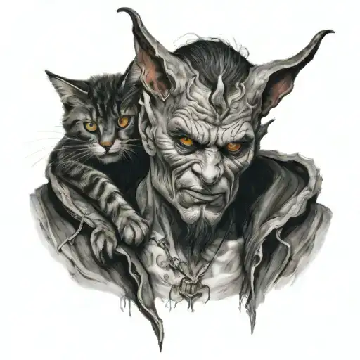 A Realistic Portrait Of Satan With A Cat On His Shoulder
