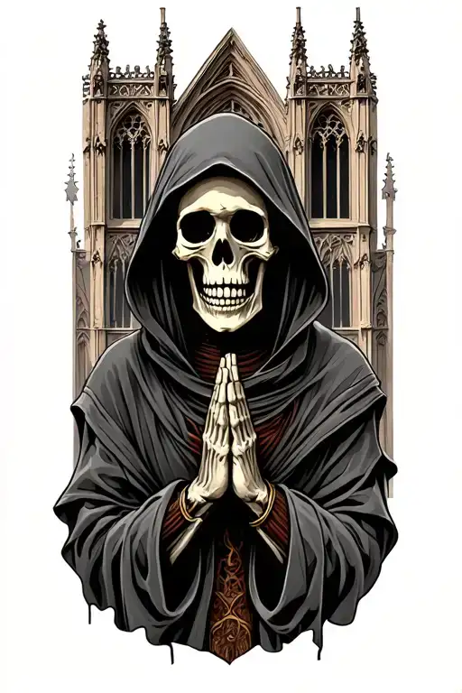 Hooded Skeleton Infront Of A Cathedral Praying