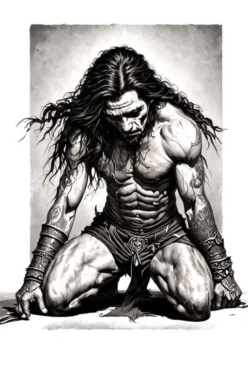 Tired Warrior Kneeling Longing For Death