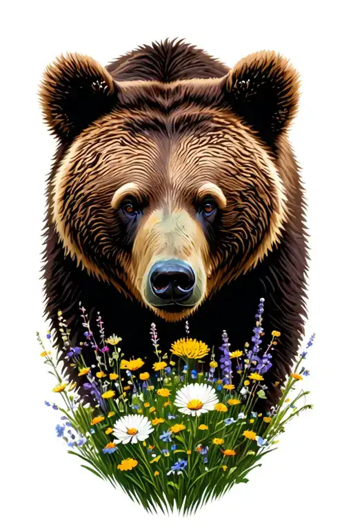 Grizzly Bear In A Field Of Wild Flowers